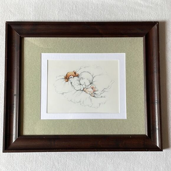 Vintage Maki Signed Framed Print for Nursery with Sleeping Baby and Bears - Picture 1 of 15